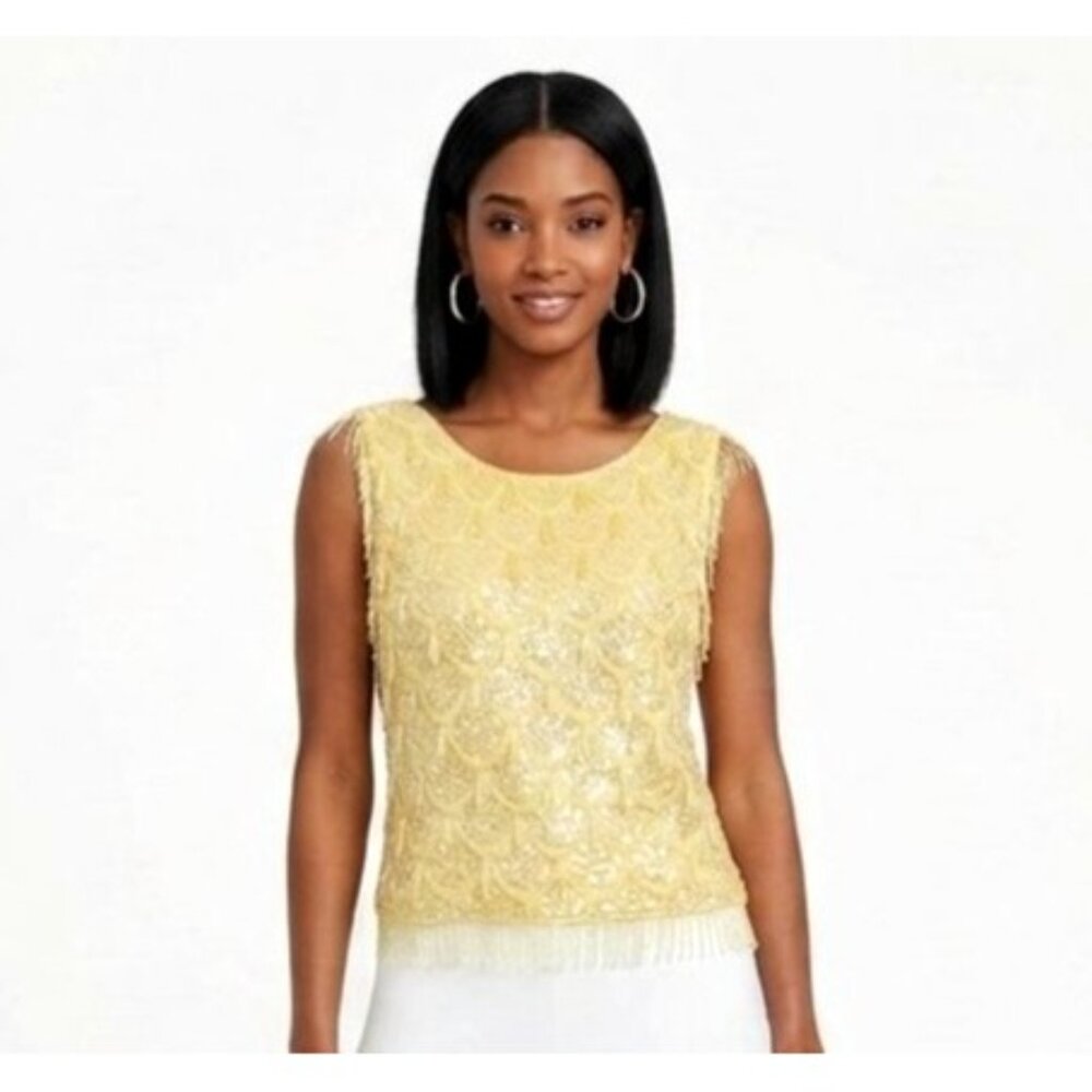 VTG Beaded Top L ButterYellow Scallop Fringe Hong Kong Cocktail